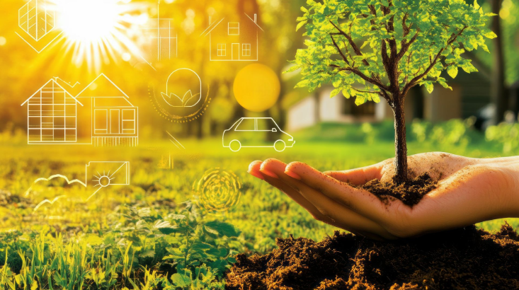 Hand hält jungen Baum als Symbol für Nachhaltigkeit mit Icons für E-Mobilität, Energie und smarte Technologien