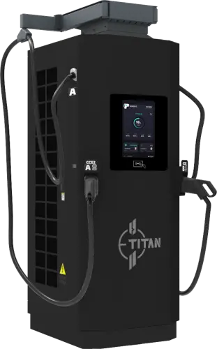 Seitenansicht links der Vortex DC-Ladestation 240–420KW mit Display