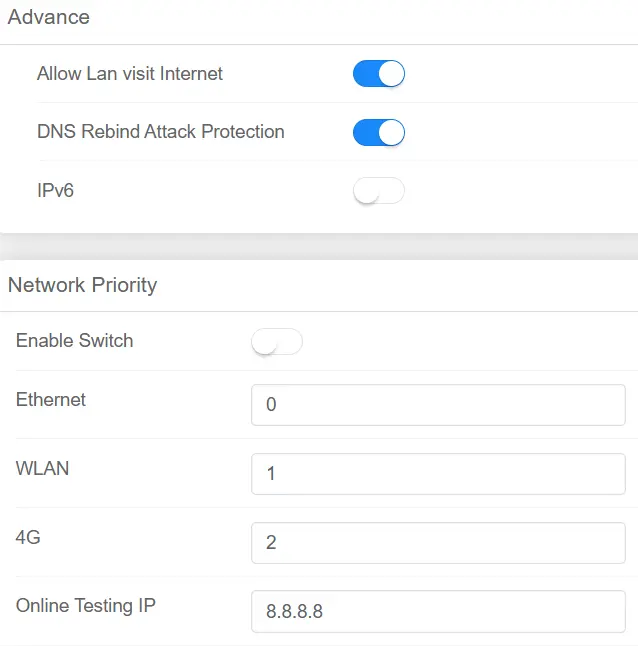 Benutzeroberfläche des Setup-Wizards mit Netzwerkeinstellungen wie Netzwerkpriorität