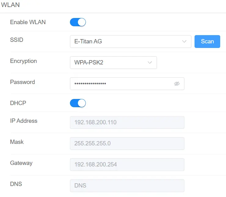Benutzeroberfläche des Setup-Wizards mit Netzwerkeinstellungen wie WLAN