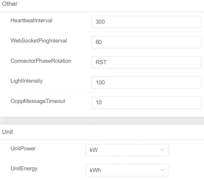 Benutzeroberfläche des Setup-Wizards mit OCPP-Einstellungen wie Ping-Intervall, OCPP-Timeout