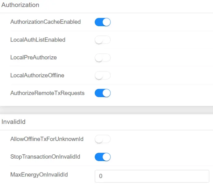 Benutzeroberfläche des Setup-Wizards mit OCPP-Einstellungen wie lokale Autorisierung, Transaktion stoppen bei Fehler