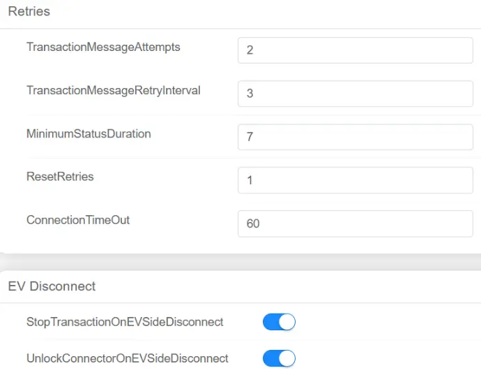Benutzeroberfläche des Setup-Wizards mit OCPP-Einstellungen wie Timeout der Verbindung, Wiederherstellungsversuche der Verbindung