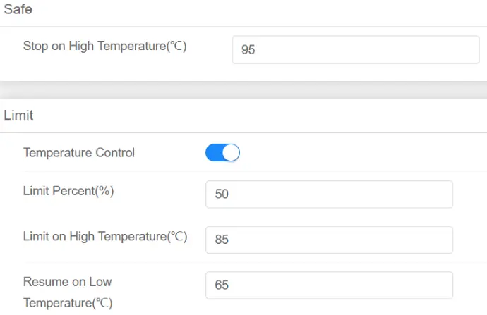 Benutzeroberfläche des Setup-Wizards mit Sonstige Einstellungen wie Stop Temperatur einstellen, Stop Luftfeuchtigkeit einstellen