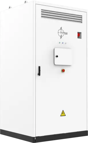 Seitenansicht links E-Titan Speichersystem modular 30-120KW, Löschsystem und Lastmanagement