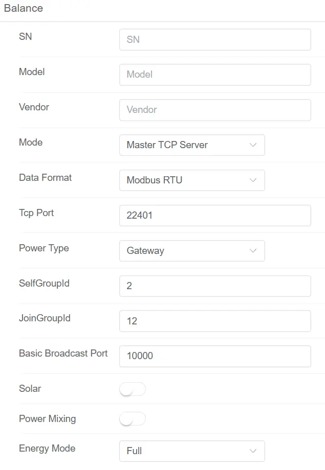 Benutzeroberfläche des Setup-Wizards mit Lastmanagement Einstellungen wie Master, Salve, SelfGroup, JoinGroup