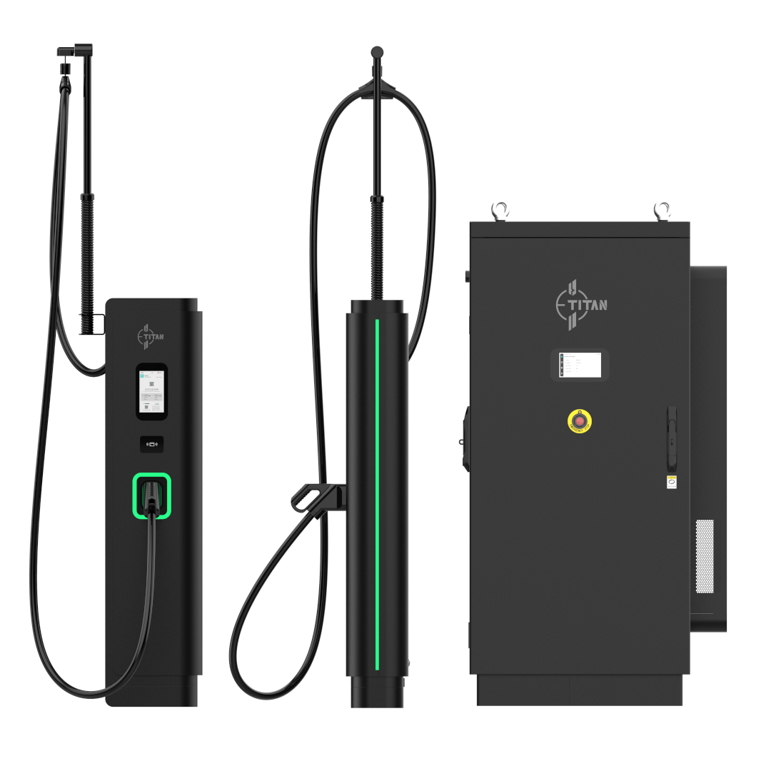 E-Titan DC Split Ladestation, Ansicht der Leistungseinheit sowie zwei Ladesäulen