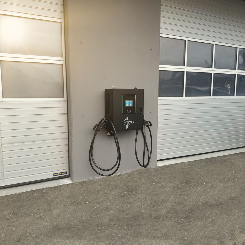 E-Titan DC Wallbox montier an einer Wand neben zwei Garagentore