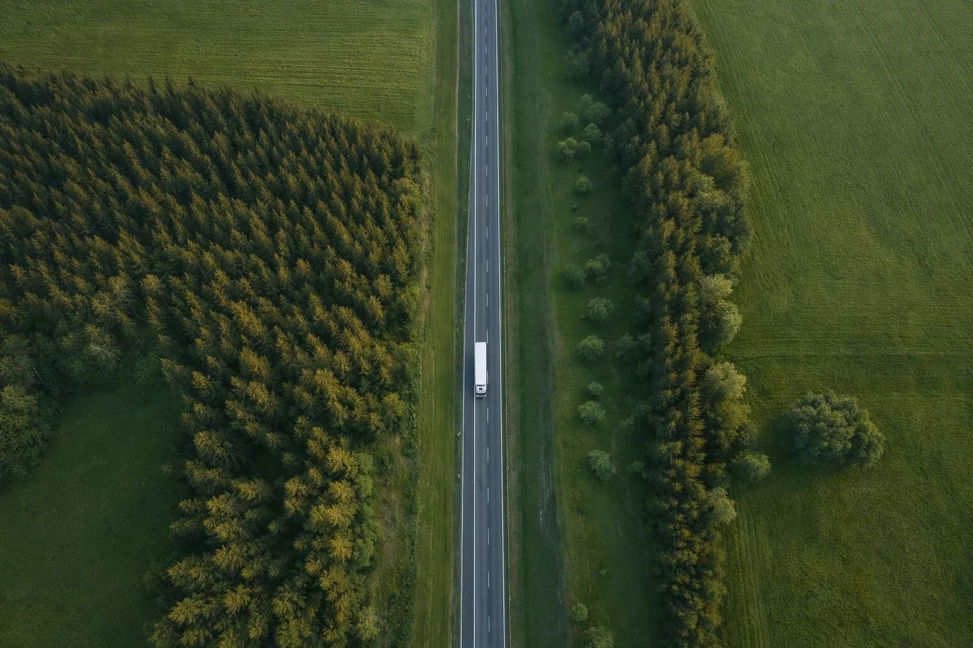 E-LKW auf einer Landstrasse, Natur und Bäume. Ansicht von oben