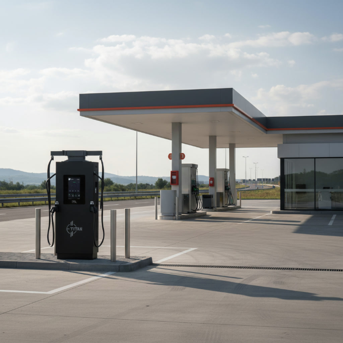 DC Schnellladestation an moderner Tankstelle für Elektrofahrzeuge