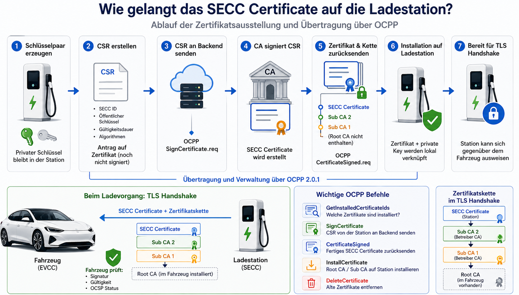 Darstellung wie das SECC Zertifikat auf die Ladestation gelangt