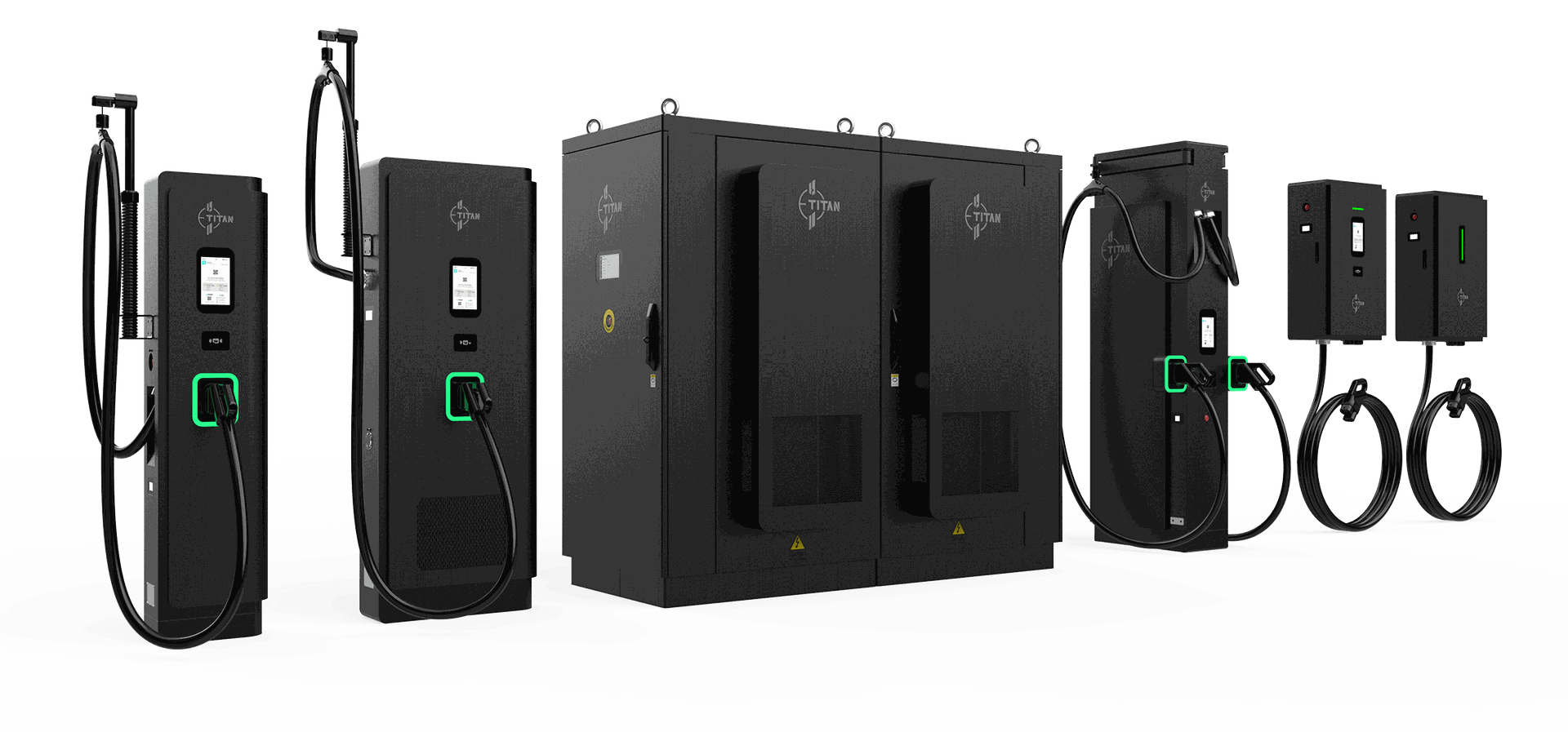 E-Titan Pulsar DC Ladestation, Übersicht mit allen Komponenten, Leistungseinheit, Satelliten, Wallboxen